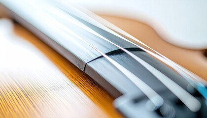 Extreme Close-Up Violin String and Bow Hairs in Motion on Wooden Surface against White Background