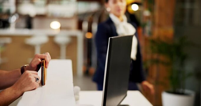 Hotel, reception and hands with bell to press, request assistance or urgent attention for service. People, waiting or buzzer on front desk for booking, reservation or concierge signal for hospitality