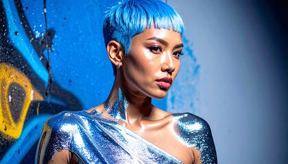 Short-Haired Asian Model in Silver Avant-Garde Fashion with Bold Shoulders and Metallic Textures
