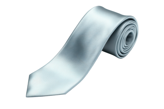 A light-blue, solid-colored necktie is elegantly rolled, showcasing its smooth, subtle sheen and pointed tip against a stark black background