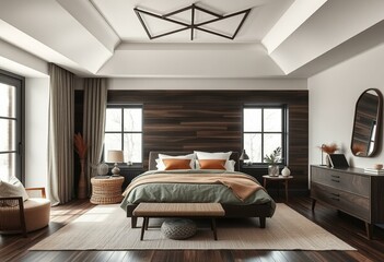 Scandinavian-inspired bedroom with dark wood accents and diffused natural light