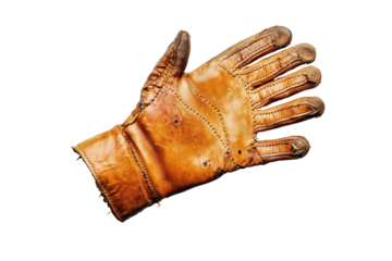 A well-worn, tan leather glove is presented against a black background, showcasing its aged texture and stitching details.  The glove appears to be used and shows signs of wear