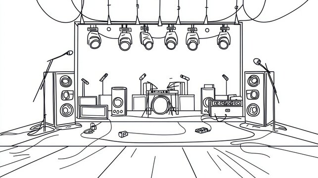 Black and white line drawing of a concert stage