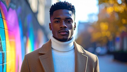 Fashion Model Wearing White Turtleneck and Camel Coat Walking in a Sunny Autumn Park