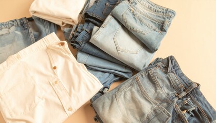 Folded Denim Jeans and White Shorts Arrangement on a Beige Background with Detailed Textile Texture