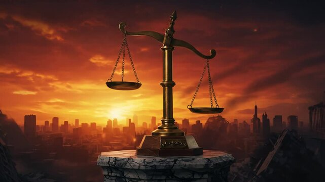 Golden scale of justice over a ruined cityscape at sunset
