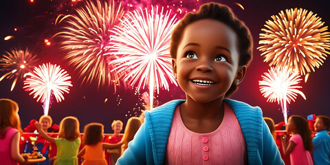 Festive Night Scene with Child and Bright Fireworks Celebration

