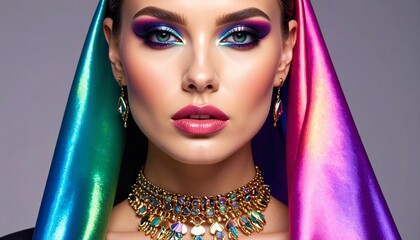 Fashion Portrait of Woman Wearing Bold Accessories and Vibrant Scarf with Artistic Backdrop
