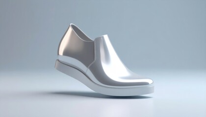 Floating Chrome Platform Shoe Reflects Light Against a Soft Background Showcasing Futuristic Y2K Fashion
