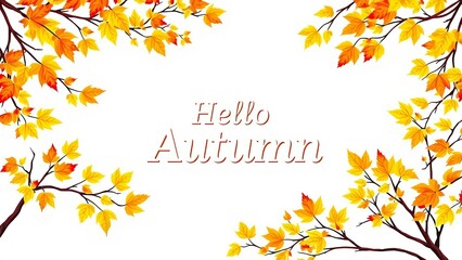 A decorative frame with vibrant autumn leaves surrounding the text "Hello Autumn" in red, evoking seasonal warmth and beauty. Design for announcements, banners. Vector illustration. AI generated.
