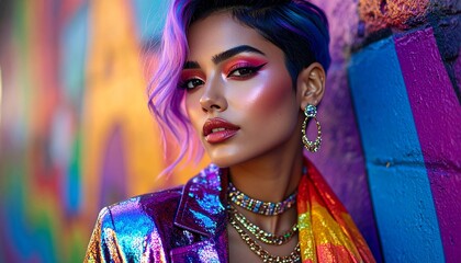 Stylish Woman in Bold Makeup and Vibrant Scarf with Statement Jewelry, Close-Up Fashion Shot