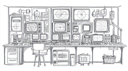 Detailed drawing of a vintage control room