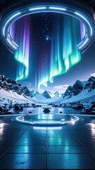 Futuristic Digital Artwork Aurora Borealis Above a Glowing Landscape with Mountain Range and Starry Sky
