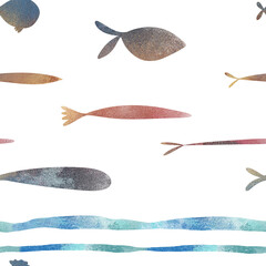 Seamless pattern and border with colorful fish in watercolor style, set against blue wavy lines. Hand-drawn digital illustration for kids' decor, books, and educational materials. Cute and playful