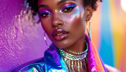 Fashion Portrait of Woman Wearing Bold Accessories and Vibrant Scarf with Artistic Backdrop