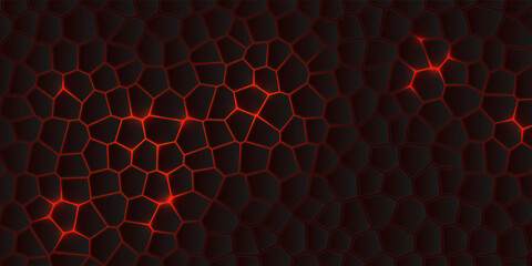 Dark hexagonal technology vector abstract background. Red bright energy flashes under hexagon in modern technology futuristic background vector illustration. Dark and red 3d honeycomb texture.