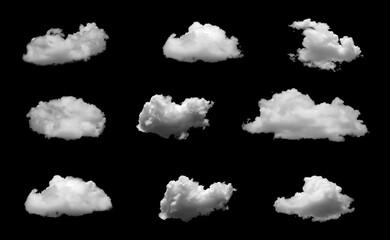 Set  Beautiful white clouds isolated on a black background or black and white haze. In natural...