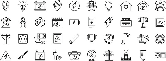Electricity and Power Line Icon Set – Electrical Energy, Voltage, Battery, Plug, Circuit, and Engineering Symbols in Outline Style