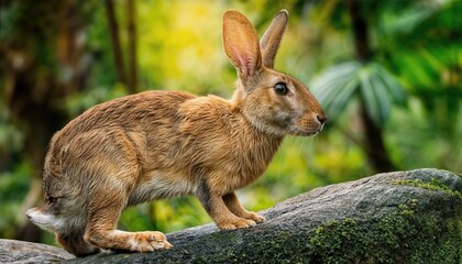 Obraz premium Adorable Jungle Rabbit Perched on a Rock amidst Wild Forest Greenery at Twilight A Whimsical and Enchanting Scene in Vibrant Shades of Green and Brown, with Rays of Setting Sunlight Filtering