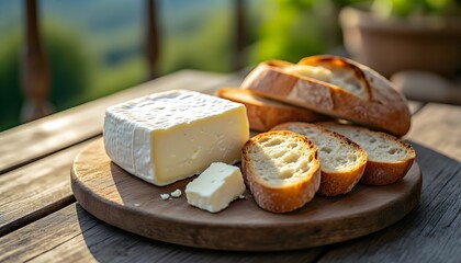 Gustoso tagliere di formaggi su un tavolo rustico in una terrazza su di un antico paesaggio medievale