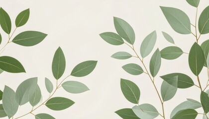 Gentle Green Leaf Pattern On Beige Background With Botanical Branches