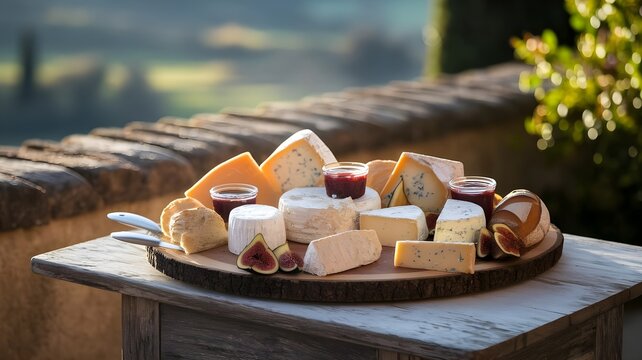 Gustoso tagliere di formaggi su un tavolo rustico in una terrazza su di un antico paesaggio medievale