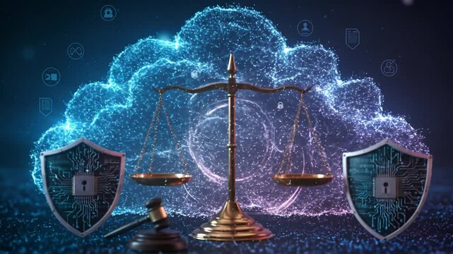 Digital balance scale with shields in cloud background