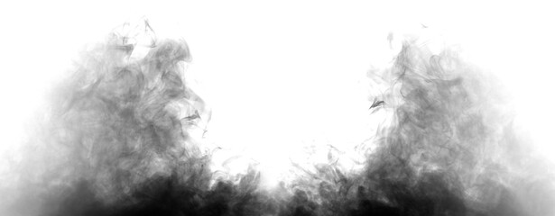 Mysterious smoke billows out, separated from the background, creating an abstract mystical atmosphere as particles of vapor and incense float into the air. Dark grey smoke mixes with mistvapor