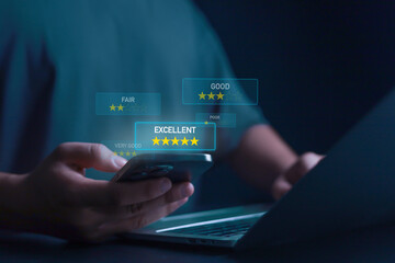 Businesspeople rate their satisfaction and praise the products and excellent service, customer care...