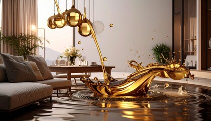 Golden Liquid Splash in Modern Interior with Dynamic Flowing Patterns