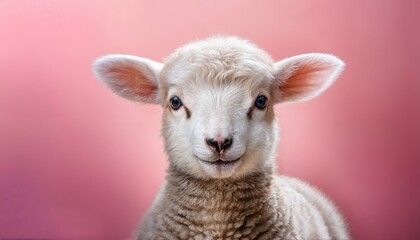 Fototapeta premium Fluffy Cute Lamb on Pastel Pink Backdrop A Soft Endearing Scene Evoking Tranquility and Serenity, Perfect for Digital Art, Home Decor, or Design Inspiration.