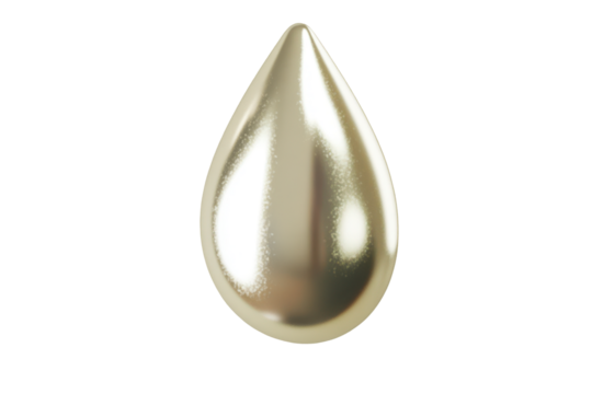 A highly-polished, teardrop-shaped object, rendered in a metallic gold tone, reflects light intensely, creating a sense of depth and luminosity against a black background