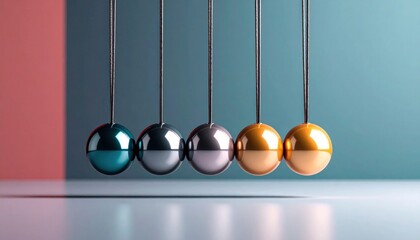 Gradient Colored Oscillating Pendulum Balls Displaying Motion and Physics against Teal and Mauve Background