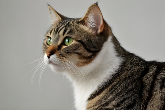 Portrait of a domestic tabby cat with green eyes against a neutral background

