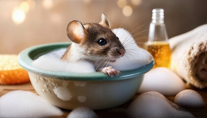 Playful Mouse in a Bubbly Bath A Whimsical Scene Featuring a Tiny Rodent Relaxing in a Quaint Porcelain Bowl, Surrounded by Soft Light and Pastel Bubbles, Evoking a Delightful