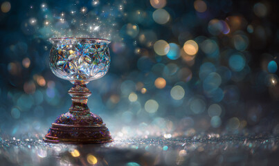 A crystal goblet with magical stars floating above it against a bokeh background with sparkling lights
