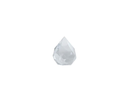 A single, teardrop-shaped object, rendered in a grayscale palette, appears to be made of glass or ice, with subtle facets suggesting a crystalline structure.  Its smooth surface reflects light faintly
