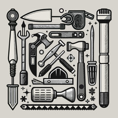 Monochrome Illustration of Various Hand Tools Arranged in a Square