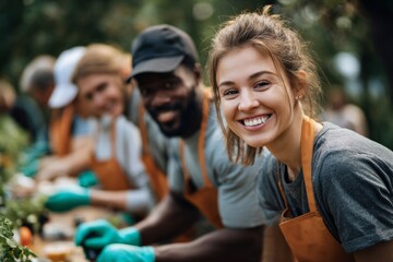 Volunteers working in a kitchen of a community event, people wearing gloves and aprons, diverse group smiling while helping other
