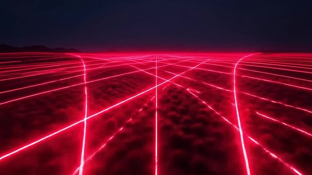 Intense neon red intersecting gridlines creating diamond shapes on dark field