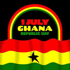 Ghana Republic Day to celebrate on July 1st. Flying Ghanaian flag with bold text in frame on black background. Happy Republic Day