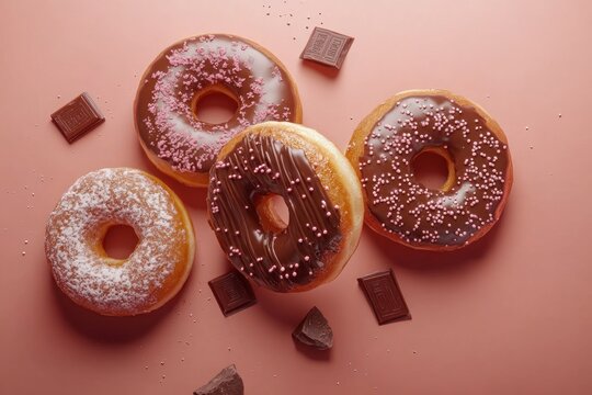 Glazed donuts with sprinkles and chocolate, shot from above, warm tone