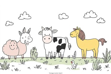 A collection of fluffy baby animals--puppy, kitten, bunny, duckling--designed as a simple outline drawing for young children to color