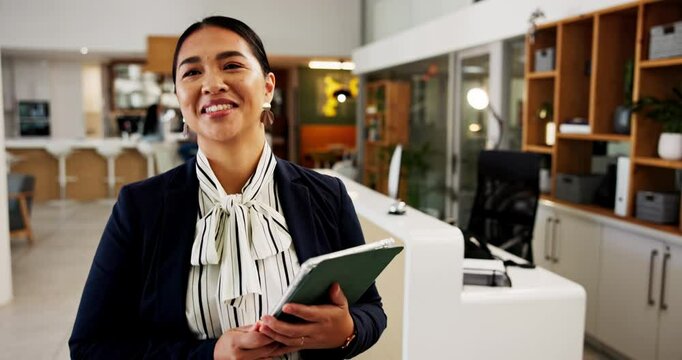 Smile, tablet and walking with hotel concierge in lobby for accommodation, planning or reservation. App, booking and hospitality with happy woman at work in reception for resort management schedule