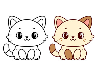 Cute cartoon kitten line art and colored version for kids coloring book page, educational materials, printable stickers or nursery wall art, isolated on white background. Vector illustration