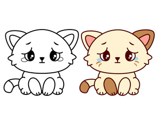 Sad cartoon kitten line art and colored version for kids coloring book, emotional character for educational printables, stickers, posters and nursery design isolated on white background. Vector