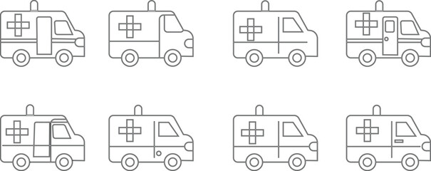 Flashing ambulance car vector icon set. Emergency survive van sign, ambulance service icons, Silhouette medicine van, care medic support. Rescue symbol and emergency medical template design elements