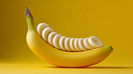 Naklejka premium Banana is sliced in half and has a bunch of banana slices on top of it. The banana is placed on a yellow background