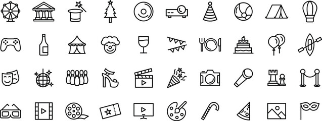 Entertainment and Party Line Icon Set – Celebration, Music, Fun Activities, Drinks, Dancing, and Event Symbols in Modern Outline Style