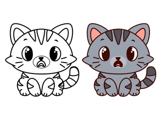 Surprised gray cartoon kitten in outline and color version, expressive cute cat character for kids coloring pages, emotional educational printables, sticker designs and nursery interior illustrations